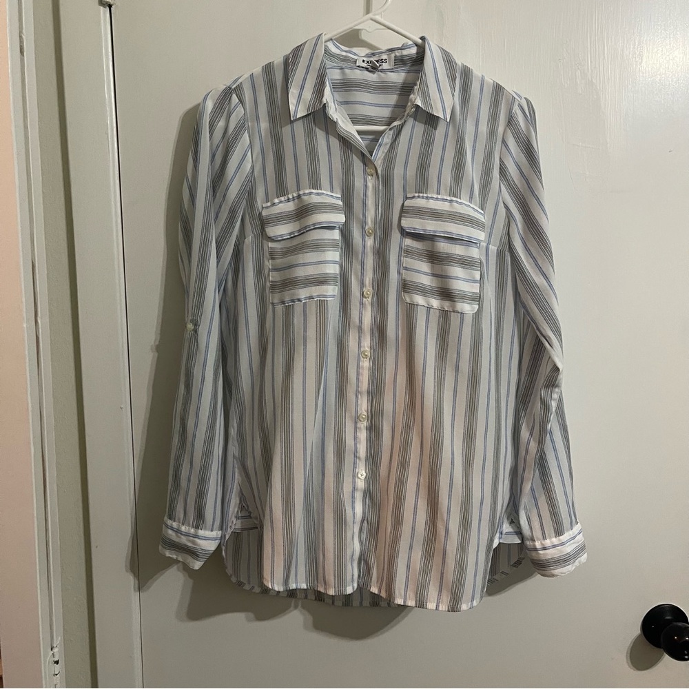 Express Women’s White w/Blue & Black Striped Button Down Shirt Rolled Sleeve